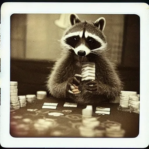 Prompt: polaroid photo of gangster raccoons in smokings, smooking cigar, playing poker, dollars on table