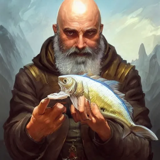 Image similar to wow! fanart young black bearded and bald man with a fish in his hand, d & d, high fantasy, detailed, digital art, artstation, smooth, sharp focus, art by artgerm, greg rutkowski, alphonse mucha