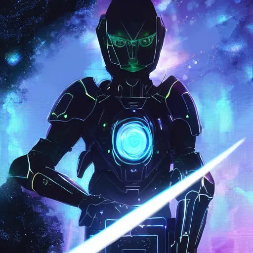 Prompt: planet megastructure destroying ominous entity with iridescent gothic sword and intricate dark cybernetic armor portrait by makoto shinkai