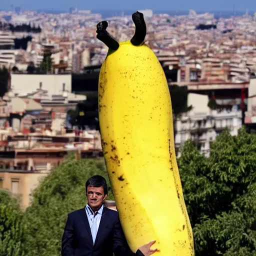 Image similar to Manuel Valls riding a giant banana over barcelona