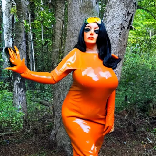 Prompt: Big bust witch in orange latex dress and gloves holding raven feather