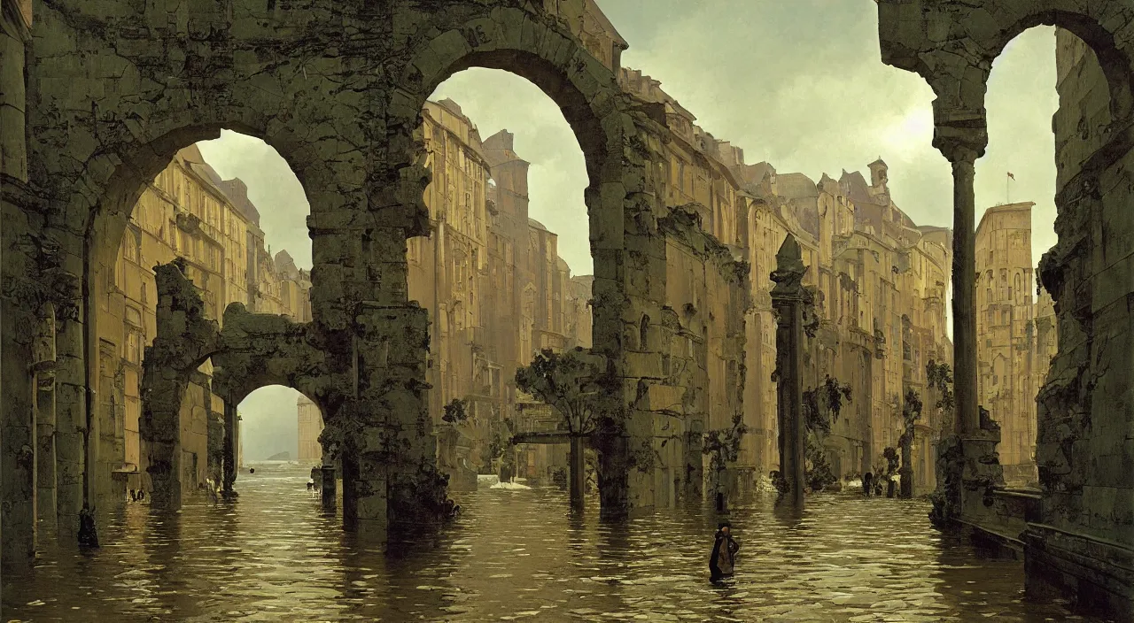 Prompt: a high contrast! painting of a flooded ancient street empty arch by ralph mcquarrie carl spitzweg rene magritte, full - length view, psychedelic, surreal, distorted, overgrown, vibrant, symmetry, great composition, high detail, cinematic lighting, masterpiece