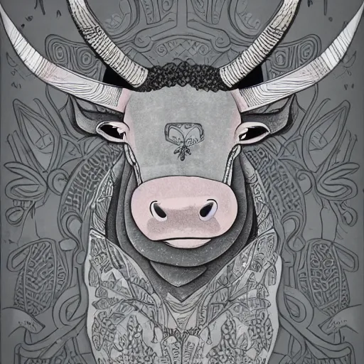 Image similar to gray paper + an intricate cute bull depiction + elaborate illustration, very detailed, deviantart, 8 k vertical wallpaper, tropical, colorful, airy, anime illustration, anime nature