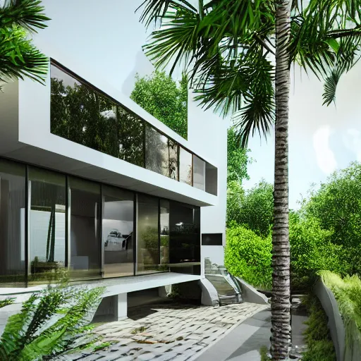 Image similar to modern house, surrounded by a lush jungle, hyper realistic, photo real,