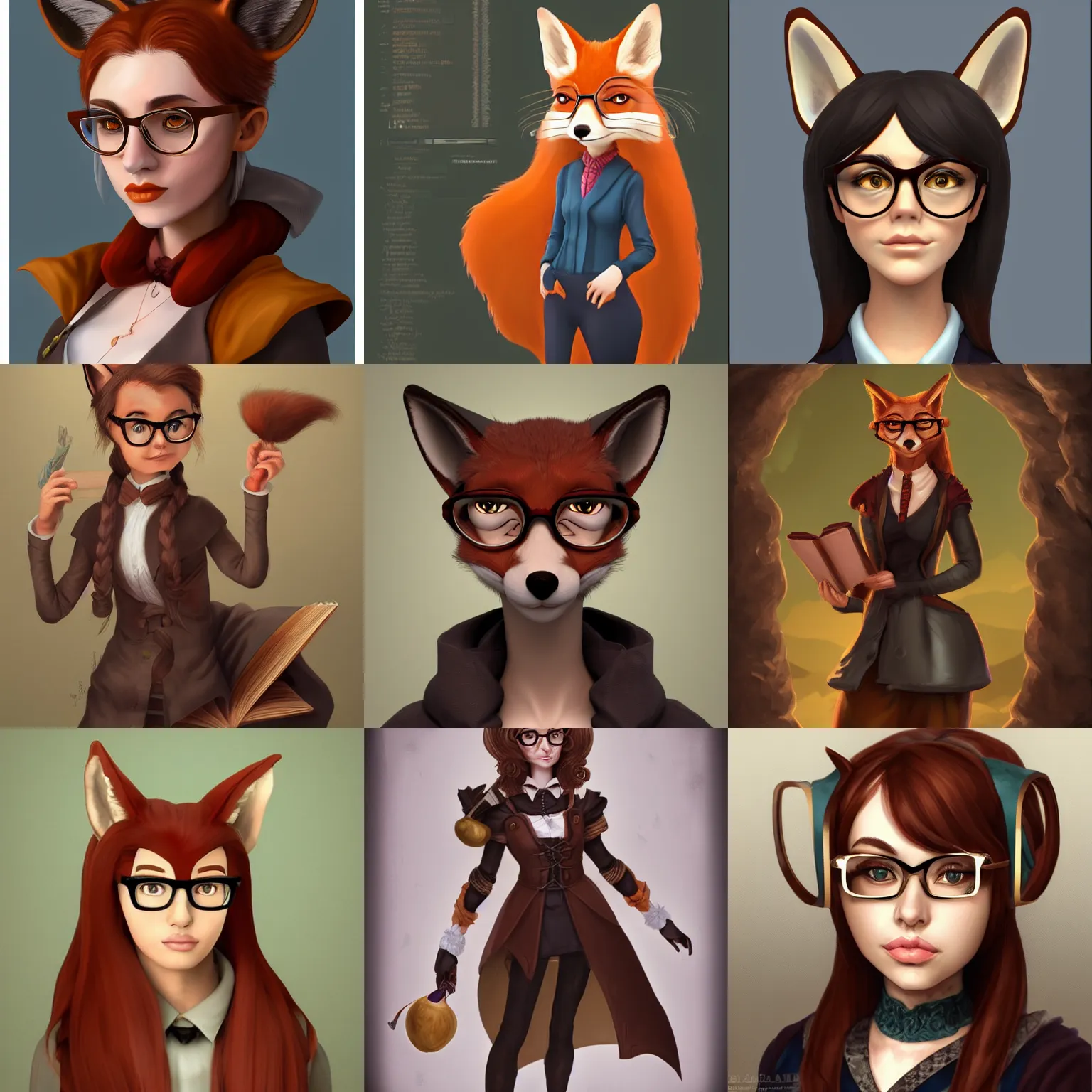 Prompt: studious librarian fox fantasy character, portrait trending on artstation