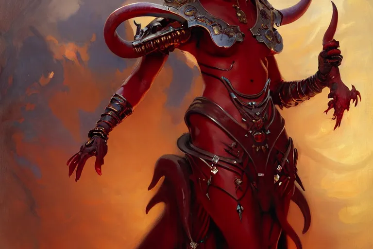 Image similar to painted close - up portrait of a very attractive red - skinned intimidating demon alien queen with ram horns! oil painting, wearing a noblewoman's outfit, fantasy art by john singer sargent and gaston bussiere and james jean and greg rutkowski, demon noble character design, hd