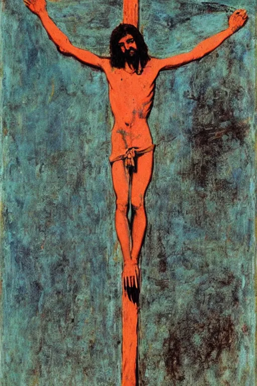 Image similar to jesus christ crucified painted by cy twombly and andy warhol