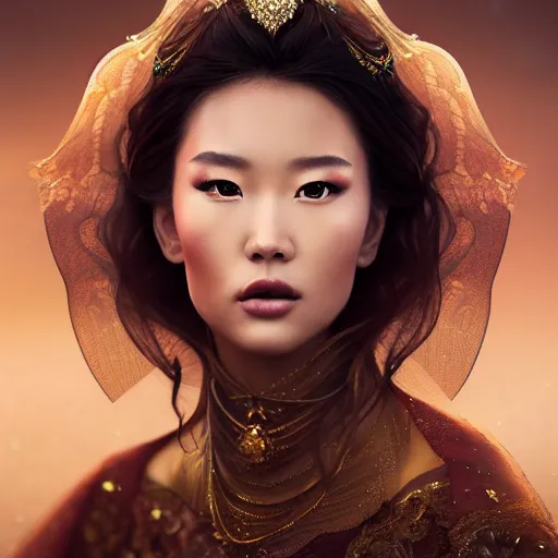 Image similar to beautiful elegant mongolian princess royalty portrait in a sensual pose, she is spreading her wings, face centered portrait, full face makeup, confident, fog, volumetric lighting, beautiful, golden hour, sharp focus, ultra detailed, conceptartworld by leesha hannigan, ross tran, thierry doizon, kai carpenter, ignacio fernandez rios