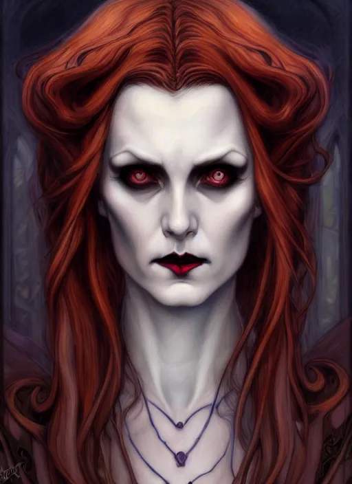 Image similar to an art nouveau, evil vampire portrait in the style of charlie bowater, and in the style of donato giancola, and in the style of charles dulac. very large, clear, expressive, intelligent eyes. symmetrical, centered, ultrasharp focus, dramatic lighting, photorealistic digital painting, intricate ultra detailed background.