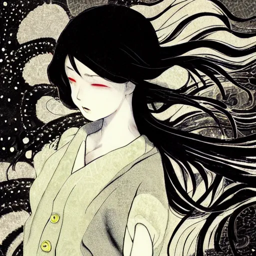 Image similar to yoshitaka amano blurred and dreamy realistic illustration of an anime girl with black eyes, wavy white hair fluttering in the wind wearing dress suit with tie, junji ito abstract patterns in the background, satoshi kon anime, noisy film grain effect, highly detailed, renaissance oil painting, weird portrait angle, blurred lost edges, three quarter view