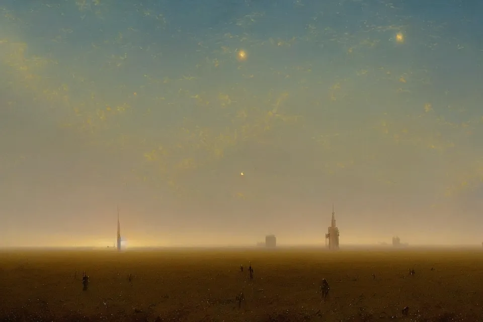 Image similar to sci-fi painting of a large alien city on the vast wheat fields, the closed back view of only one humanoid robot on the ground, by Ivan Aivazovsky, godrays, detailed