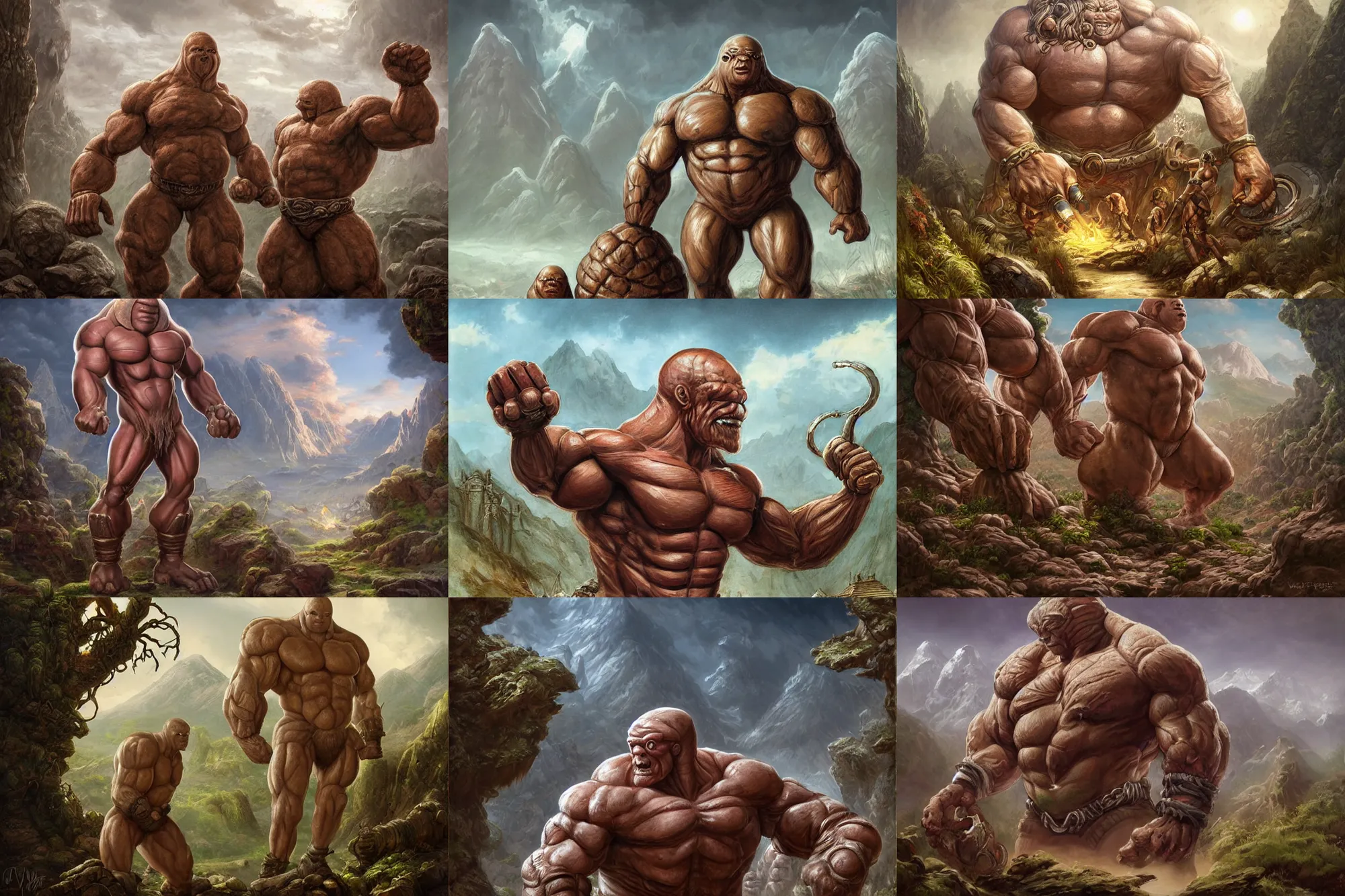 Prompt: highly detailed elden ring portrait photo of a huge muscular humanoid diglett prometheus engineer in a scenic village of even more digletts, hyperrealistic illustration by william didier - pouget