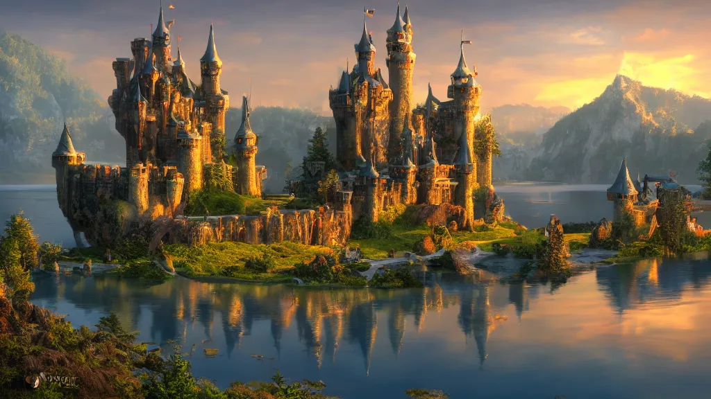 Image similar to fantasy castle with lake in sunset by mark adamus, fantasy artwork, very very very beautiful scenery, hd, hdr, ue5, ue6, unreal engine 5, cinematic 4k wallpaper, 8k, ultra detailed, high resolution, artstation, award winning