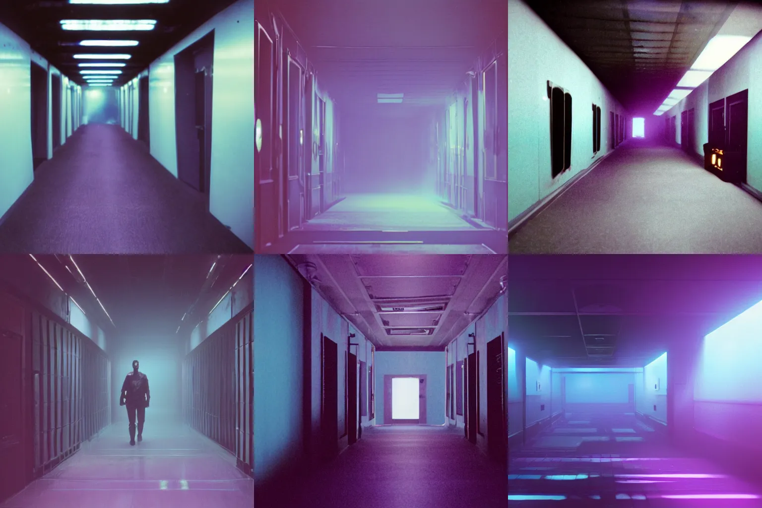 Prompt: Film still of a dimly lit corridor on an alien space ship, dark matte metal, floor grills, ventilation shafts, dusty, mist and smoke, purple and cyan lighting, tilted camera angle, a mysterious creature in the distance, wide-angle lens vanishing point, year 3000, Cinestill colour cinematography, anamorphic