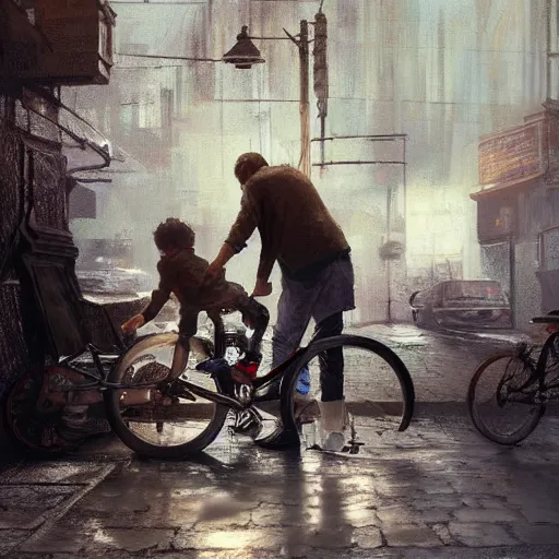 Prompt: A father fixing his son's bicycle, digital painting, artstation, concept art, Craig Mullins, Breathtaking, 8k resolution, extremely detailed, beautiful, establishing shot, artistic, hyperrealistic, octane render, cinematic lighting, dramatic lighting, masterpiece, light brazen, extremely detailed and beautiful face