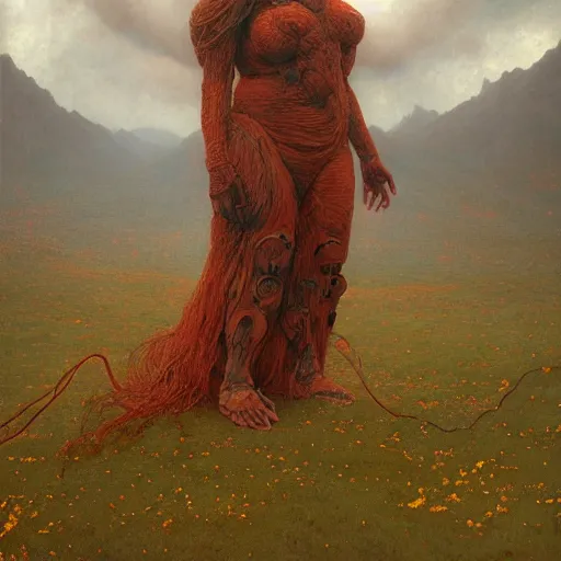 Image similar to A giant woman, wearing clothes made out of thunder clouds and flowers red skin, mountains, Masterpiece, glowing, wires everywhere, by Edgar Maxence and Ross Tran, Zdzisław Beksiński, and Michael Whelan, distant, gustav dore, H.R. Giger, 8k, octane render