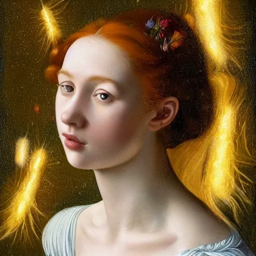 Image similar to a highly detailed, hyper realistic portrait with torso of a red haired young woman, among wonderful golden fireflies, long hair, green eyes, hint of freckles, round gentle face, cheeky smile, white romantic dress with intricate details, deep focus, elegant, smooth, sharp, golden ratio, digital painting, art by artemisia lomi gentileschi and caravaggio