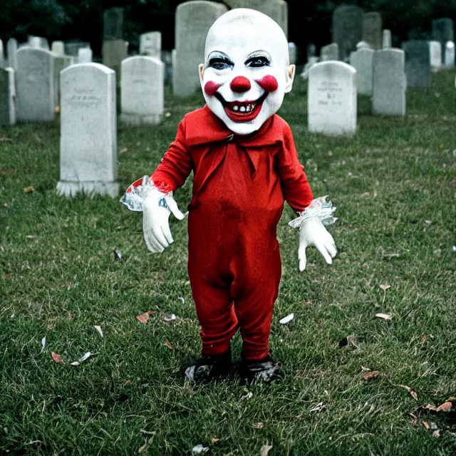 Image similar to creepy clown in a cemetary, photo by william eggelston