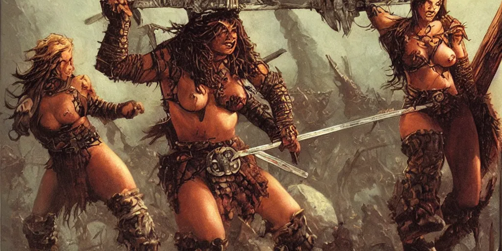 Prompt: heroquest cover art depicting female barbarian by Les Edwards, high quality