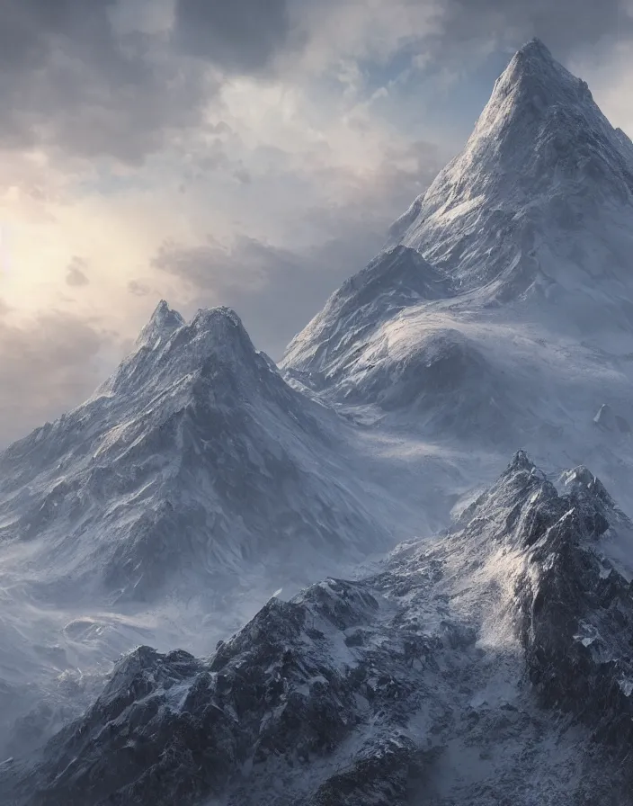 Image similar to epic mountain with snow by aaron westwood, concept art, trending on artstation, photorealistic, cinematographic, epic lighting,