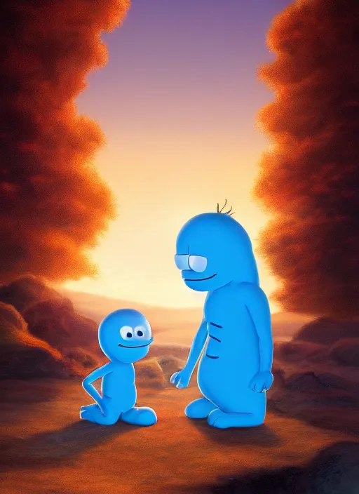 Image similar to portrait of jesus caring for mr meeseeks, photorealistic, golden hour, detailed matte painting, cinematic, in the style of Simon Dewey and Alan Lee, artstation,