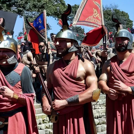 Image similar to roman legions invading the capitole, wearing maga hats ( 2 0 2 1 )