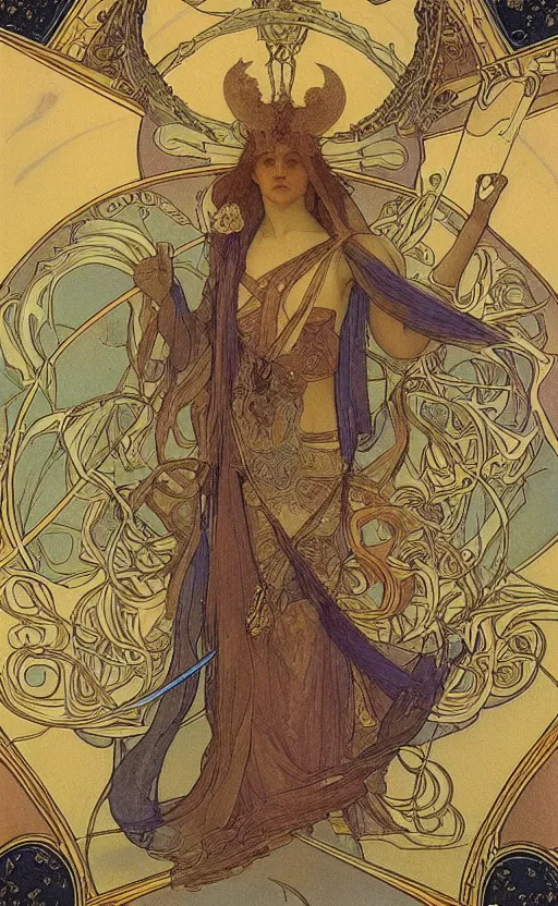 Prompt: the chariot, tarot, beautiful border, by alfons maria mucha, highly detailded