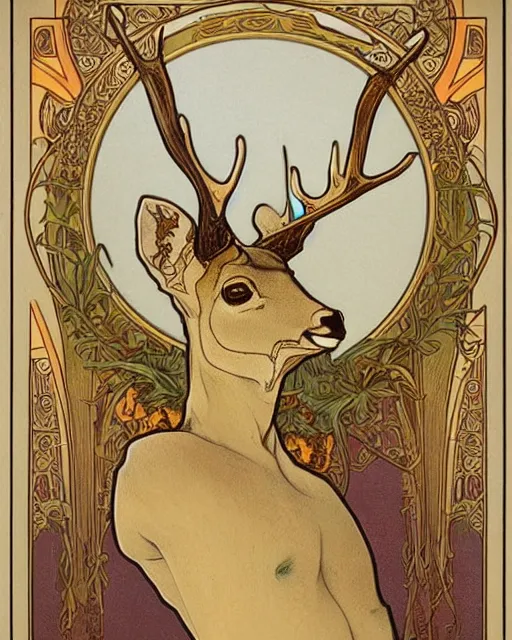 Image similar to an art nouveau painting of a deer with antlers, highly detailed, intricate, artstation, by alphonse mucha and james gurney