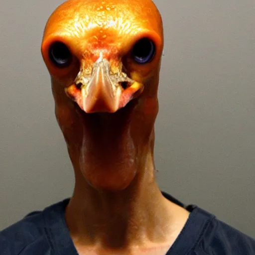 Image similar to chicken headed human, mugshot