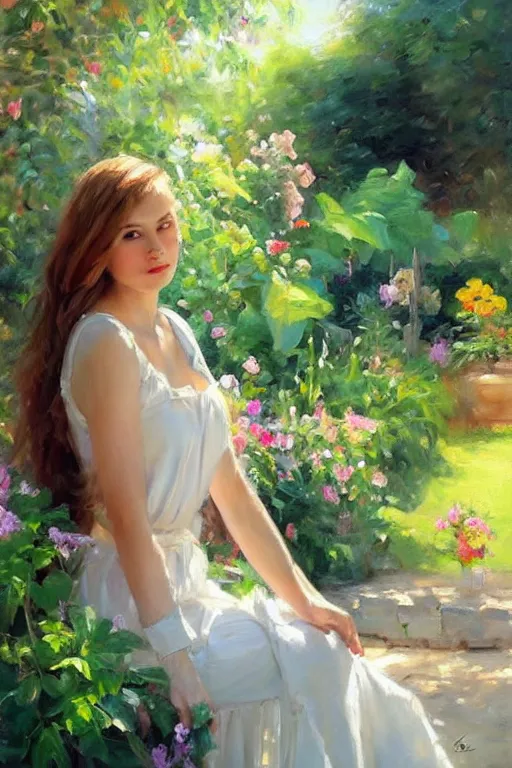 Image similar to portrait of a beautiful woman in the garden, morning, highly detailed, ultrarealistic oil painting, vladimir volegov, artstation