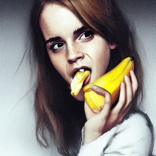 Image similar to emma watson eating a banana, warm lighting, greg rutkowski