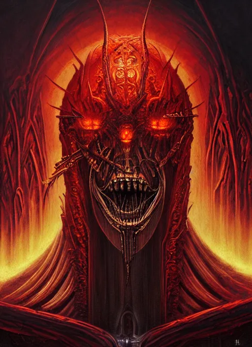 Image similar to masterpiece, his infernal majesty concept art, stylized, elden ring, elegant, imperial, epic, art by h. r. giger, darius zawadzki, josan gonzalez, alexey egorov, biomechanical, crimson darkness, hellscape