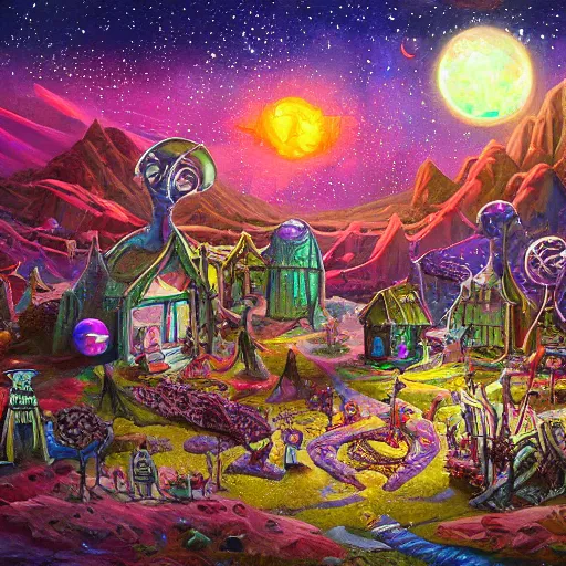 Image similar to extraterrestrial wedding in village on ancient post - apocalyptic planet, jim henson creature shop, vivid and colorful, cinematic, oil painting, highly detailed, illustration