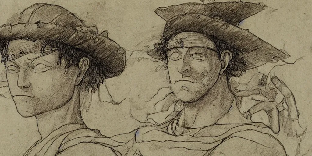 Prompt: leonardo da vinci's technical sketch of luffy, highly detailed