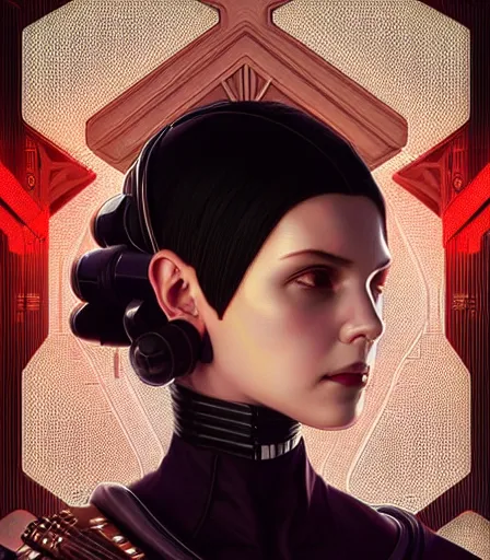 Prompt: portrait of a cyberpunk art deco woman who looks like Nezuko sci-fi, fantasy, intricate, elegant, highly detailed, digital painting, artstation, smooth, sharp focus, illustration, art by artgerm and greg rutkowski and alphonse mucha