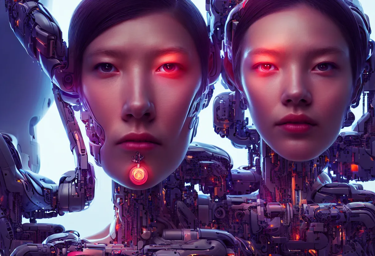 Image similar to portrait of a female cyborg. intricate abstract. intricate artwork, by tooth wu, wlop, beeple, dan mumford. concept art, octane render, trending on artstation, greg rutkowski very coherent symmetrical artwork. cinematic, key art, hyper realism, high detail, octane render, 8 k, iridescent accents