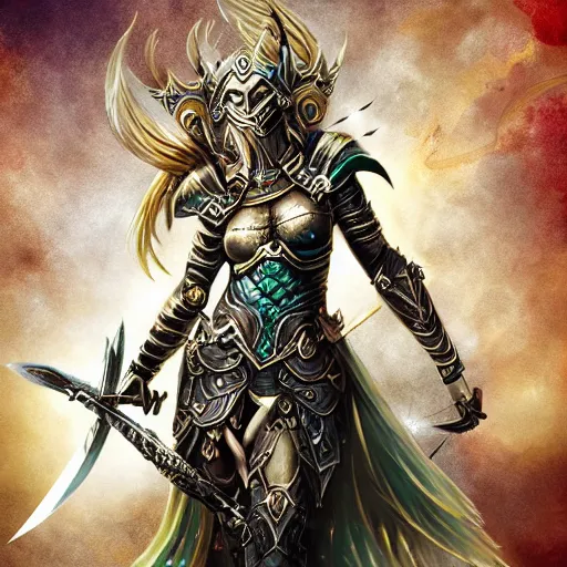 Prompt: a fantasy warrior woman with sword drawn and in hand, shield in the other hand in a heroic pose, beautiful exaggerated ornate armor with gem embedded in the center, cinematic, magical energy emanating from it, high resolution