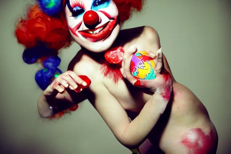 Image similar to cute clowngirl in clowncore cyberspace, fractal, in 2 0 5 5, y 2 k cutecore clowncore, low - light photography, bathed in the glow of a crt monitor, terry richardson photoshoot