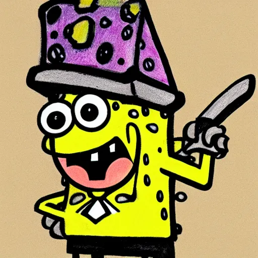 Image similar to sketchy crayon drawing of spongebob squarepants holding a kitchen knife