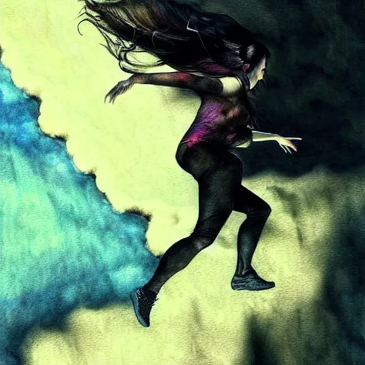 Prompt: walking in the air, 8 k resolution, beautiful, dark ambient, neoplasticism art, goth, marvel comics dslr hdr, art by artemisia gentileschi, water color, artstation, concept art, smooth, sharp focus, illustration, optical illusion