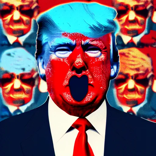 Prompt: trump in a suit and tie with a creepy face, a screenprint by warhol, reddit contest winner, antipodeans, hellish, anaglyph filter, hellish background