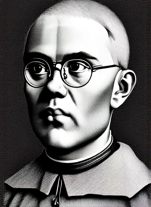 Image similar to portrait saint maximilian kolbe graphic in the art style of leonardo da vinci pencil, ultra detailed illustration vector line pencil highly detailed