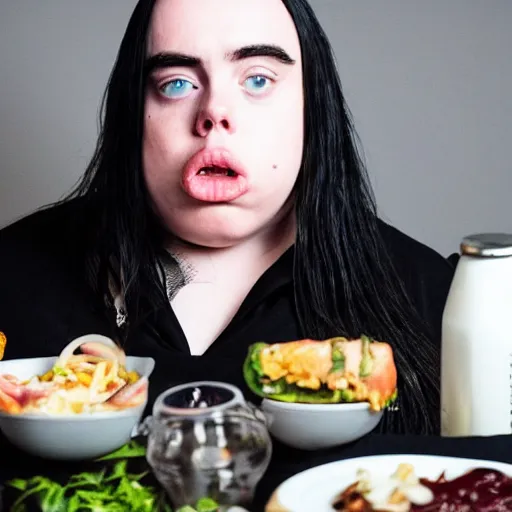 Image similar to morbidly obese billie eilish doing mukbang on video