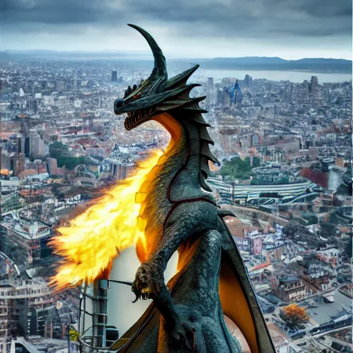 Image similar to photo of a fantasy dragon on top of a building, breathing fire to the city below, highly detailed, high quality, HD, 4k, 8k, Canon 300mm, professional photographer, 40mp, lifelike, top-rated, award winning, realistic, sharp, no blur, edited, corrected, trending