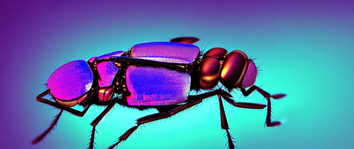 Image similar to high quality photo glowy iridescent giant fly! jeweled very beautiful! highly detailed digital art david ligare elson peter cinematic purple neon lighting high quality low angle hd 8k sharp shallow depth of field