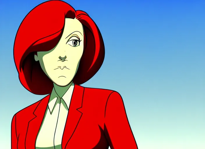 Image similar to a shaded animation cel of dana scully, sharp detail, realistic anatomy, in the style of western cartoons, by filmation, toei animation, studio trigger, studio ghibli, 5 k, artstation trending