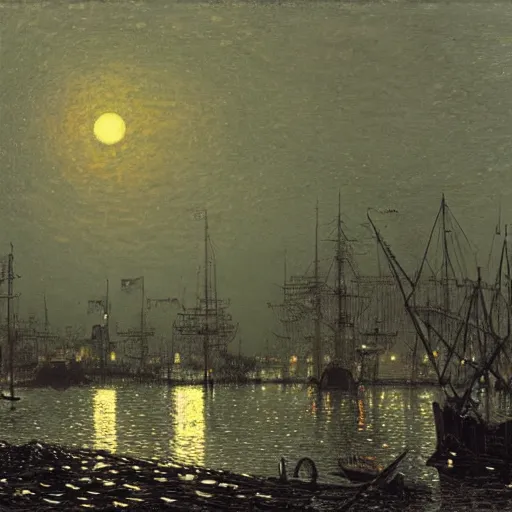 Prompt: A moonlit harbour being attacked by a giant Martian tripod in the style of John Atkinson Grimshaw