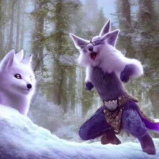 Image similar to hyper realistic snowfox in a fantasy movie casting a healing spell