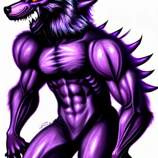 Image similar to anthropomorphic muscular purple wolf dragon, generic furry style, wearing jeans, deviant art, professional furry drawing, insanely detailed, artistic design, hyper detailed wolf - like face, doing a pose from jojo's bizarre adventure, detailed veiny muscles, exaggerated features, beautiful shading, dramatic lighting