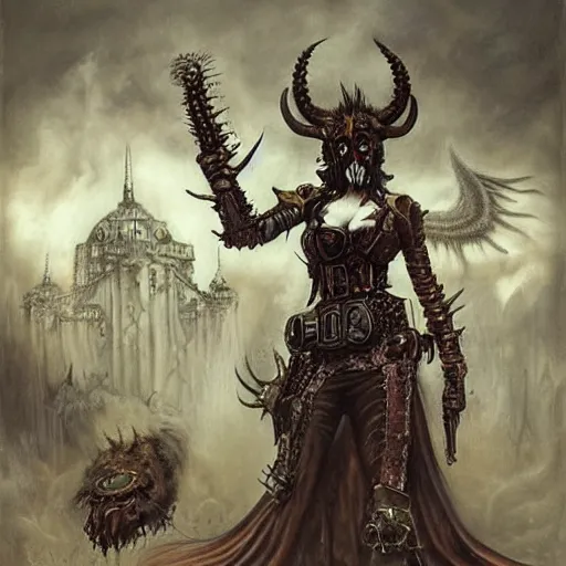 Image similar to a hyperrealistic portrait painting of a beautiful woman with demonic horns wearing steampunk goggles and ornate leather armor, walking into battle against an immense demonic army, by santiago caruso, highly detailed,